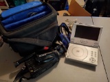 Vintage electronics grouping including Sony video camera recorder, Polaroid portable DVD and more