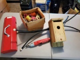 Garage grouping including Wooden bird house, Socket tool box, box of handy wires and such