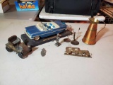 Vintage metal and copper Grouping including Chevrolet and naughty boy corkscrew