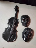 3 vintage cast aluminum and brass Wall Art- Theatrical masks and violin