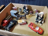 Box of tiny Vintage collectibles including California raisins, cars, Coors and more
