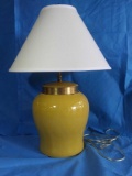 1 (of 2) Cute Vintage Yellow with Gold Band Squat Table Lamp