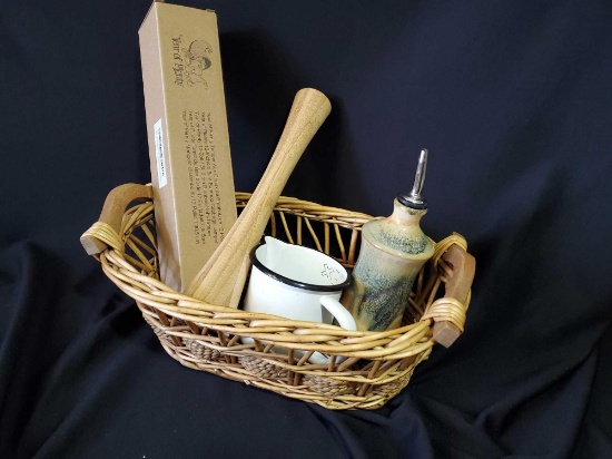 Basket of New and Vintage - Pottery glazed oil/soap dispenser, Cabbage Tamper, and vtg enamel