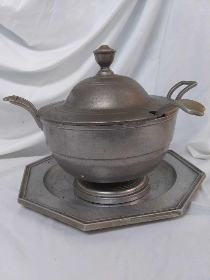 Large pewter Wilton armetale soup tureen with matching Ladle and under plate