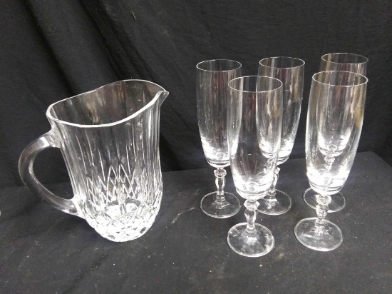 Lovely Glass Ice Water Pitcher and (5) Wine Flutes