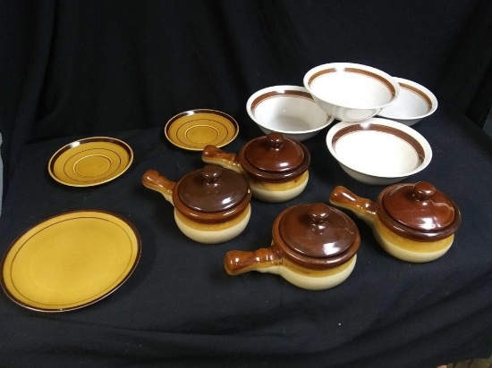 (15) Pc Brown Crock Style Ceramic Dinning, Including NT Stoneware