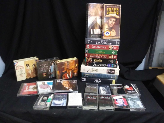 multimedia lot of CD, VHS, cassette including operas and seal Titanic and Shane vhs
