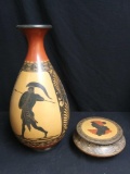 Pair of Lovely Etched and Painted Grecian-style Pottery, Tall Vase and Powder Box