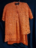 adorable two-piece vintage orange jacket and skirt handmade with handmade crocheted slip dress