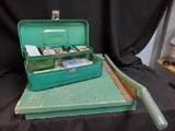 really old beefy Premier paper cutter and vintage metal mint green Patty box with art supplies