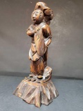 Antique East Asian carved wood LAMP BASE , 12 inches tall