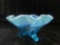Blue Opalescent Palm and Scroll three-footed, ruffled bowl