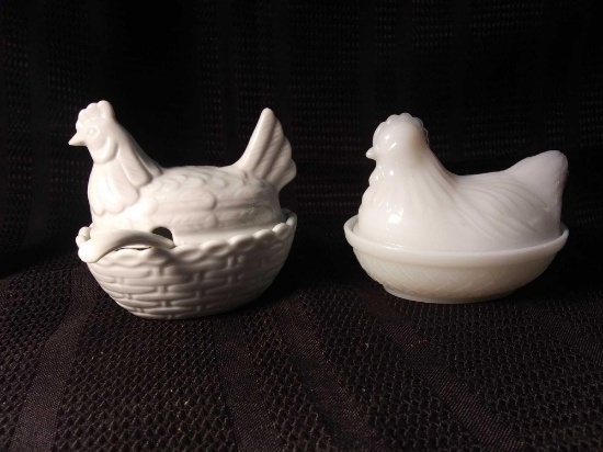 Pair of Hens on Nests (1) Hazel Atlass Milk Glass (1) Condiment with Lid and Spoon