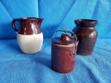 Crock grouping including Roseville 2-tone pitcher