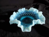 Vintage Fenton Art Glass Blue Opalescent Hobnail Candy Dish Scalloped ruffle Edge
