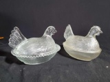 Two clear glass nesting hens lidded dishes
