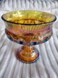 Vintage Amber Carnival glass footed compote