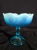 Vintage Blue Opalescent Art Glass Footed Compote