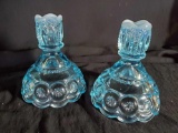 Vintage Pair of Aqua Blue Opalescent star and moon candleholders