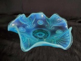 Vintage Aqua Blue Opalescent Art Glass Footed Compote, candy dish