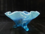 Blue Opalescent Palm and Scroll three-footed, ruffled bowl