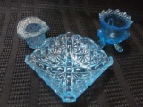 Trio of Blue Opalescent Pieces Including Possibly FENTON Top Hat Toothpick Holder