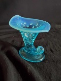 Vintage Fenton Art Glass Blue Opalescent Hobnail Cornucopia Candlestick