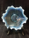 Blue Opalescent Footed Looped Design ruffled bowl