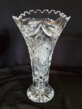 Vintage Crystal Etched Hand Cut Vase , bird flower