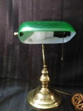 Green and Gold Banker's Vintage Brass Banker's Lamp with Emerald Green Shade