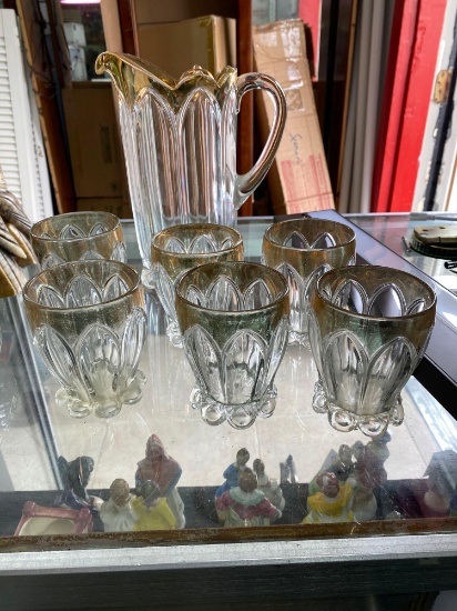 Rare antique Gothic Arches water pitcher and 6 tumblers set