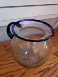 Hand Blown Squat-body Pitcher with Cobalt Blue Handle and Rim