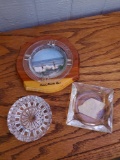 Trio of Vintage ashtrays -Geometric Glass and Wooden Ponce Puerto Rico