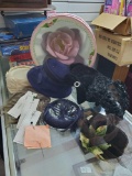 Hat Box with tons of Vintage Hat Rings, HUMAN hair pc. and hat pins
