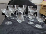 Vintage Etched Glass set with (4) Pilsner/Parfait , (4) Margarita and pitcher