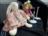 Primitive hand crafted Bunny and Heritage Mint Porcelain doll with 2 stands