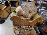 adorable wicker and metal pram with vintage bear and parasol top