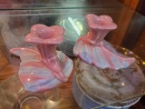 Pair of Glazed ceramic Pink and Blue Art Deco Style Candlestick Holders