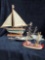 (3) wooden model ship/ boats including sailboat, Pirate,and Shrimp boat