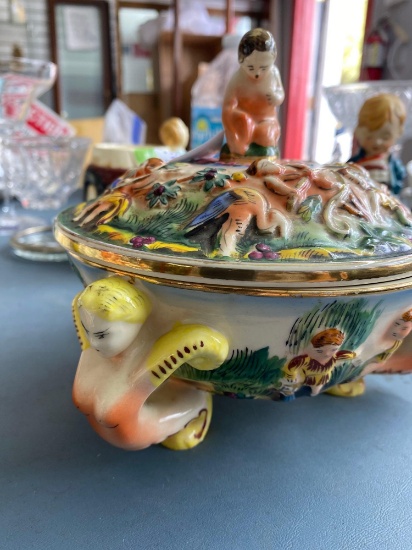 Unique Occupied Japan Colorful covered bowl with 3 Mermaid feet