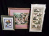 (3) framed Needlepoints -Birds, Floral, Garden