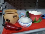 5 pc. Garden grouping including Terracotta Strawberry pot, large red glass hummingbird feeder and