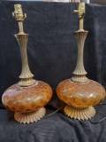 Pair of MCM Vintage AMBER GLASS Orb style table lamps