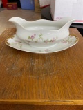 Antique PL Limoges France Plated Gravy Boat with floral and gold trim