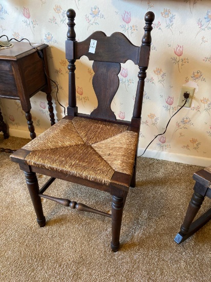 Antique carved Wood and rush cane bottom chair