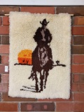 Cowboy and Horse yarn rug wall hanging on dowel