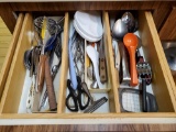 Kitchen Utensil drawer contents including vintage, knives, serving set, masher