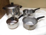 4 lidded copper bottom Pots, Revere Ware and Flint