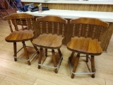Trio of Vintage solid wooden short bar chairs, sturdy