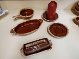 HULL Pottery Brown Drip pieces including butter, candle holders, and more